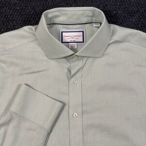 Charles Tyrwhitt Dress Shirt Mens 16.5 34 Classic Fit Green Metal Collar Stay